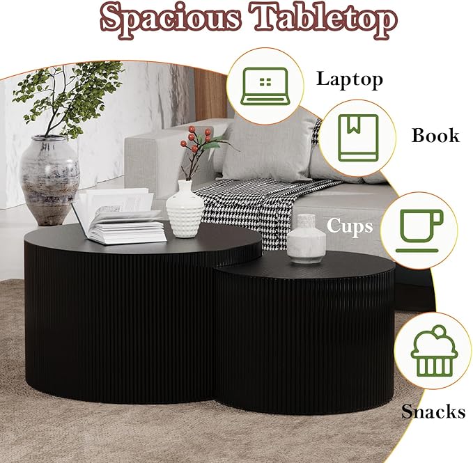 Nesting Coffee Table with Non-Slip Mat Vertical Stripe Design Round Fluted Side Table Set of 2 - No Assembly Required for Living Room Bedroom Balcony Yard (I-27.6+19.7in)