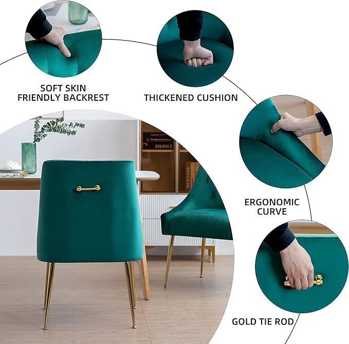 Modern Dining Chairs Set of 6, Mid Century Velvet Upholstered Chairs with 5.12' Cushions, Golden Legs and Back Pull Rod, for Kitchen, Living Room (Green)