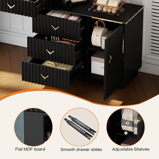 57“Makeup Vanity Desk with Mirror and Lights, Vanity Desk with 5 Drawers & Storage Shelves, Vanity Table with Power Outlet, 3 Color Modes & Adjustable Brightness Dressing Table, Bedroom,Black