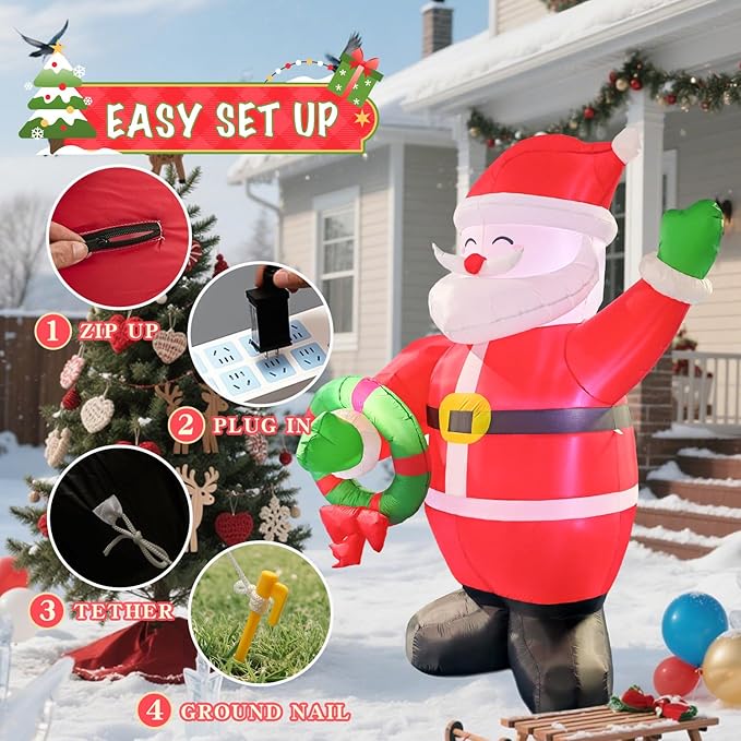 Giant Inflatable Santa Claus Christmas Decoration, 8Ft LED Lighted Outdoor Holiday Decor with Wreath, Fast Self-Inflating, Yard Lawn Garden Display