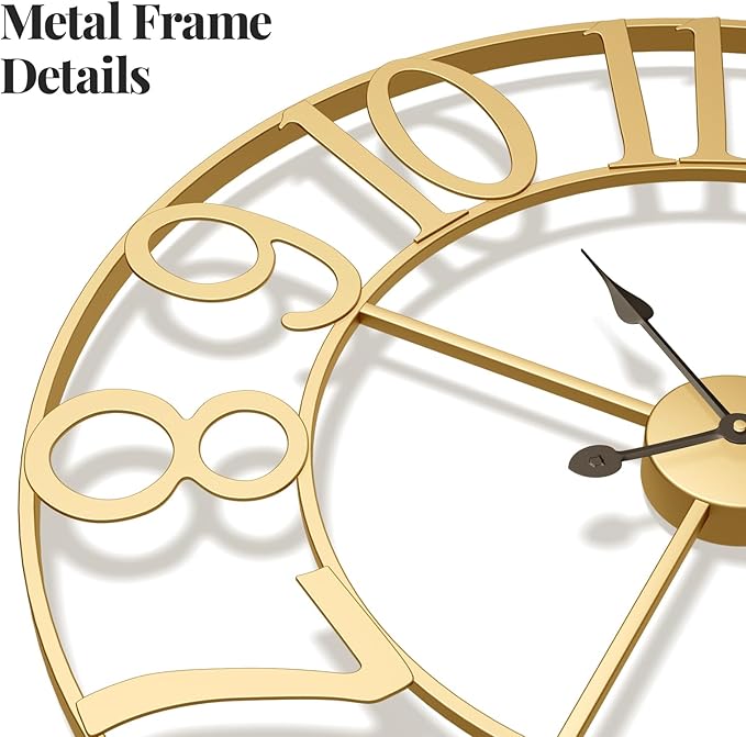 Cuspin 20 Inch Wall Clock Gold, Large Decorative Wall Clocks Battery-Operated, Modern Metal Round Clock Silent Non Ticking Arabic Numerals for Living Room Kitchen Mantel Office Decor