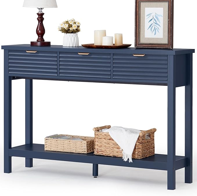 LEYAOYAO Fluted 47.2" Console Table with 3 Drawers, Modern Wood 2 Tier Entryway Table with Open Storage Shelf, Sofa Entry Tables Behind Couch for Living Room, Hallway, Entrance Foyer, Dark Navy Blue