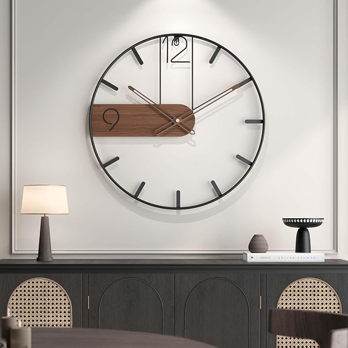 30 Inch Large Wall Clock, Modern Wood Metal Frame Silent Non Ticking Battery Operated Wall Clocks Decoration for Living Room, Bedroom, Kitchen, Minimalist Walnut Dial Arabic Numerals