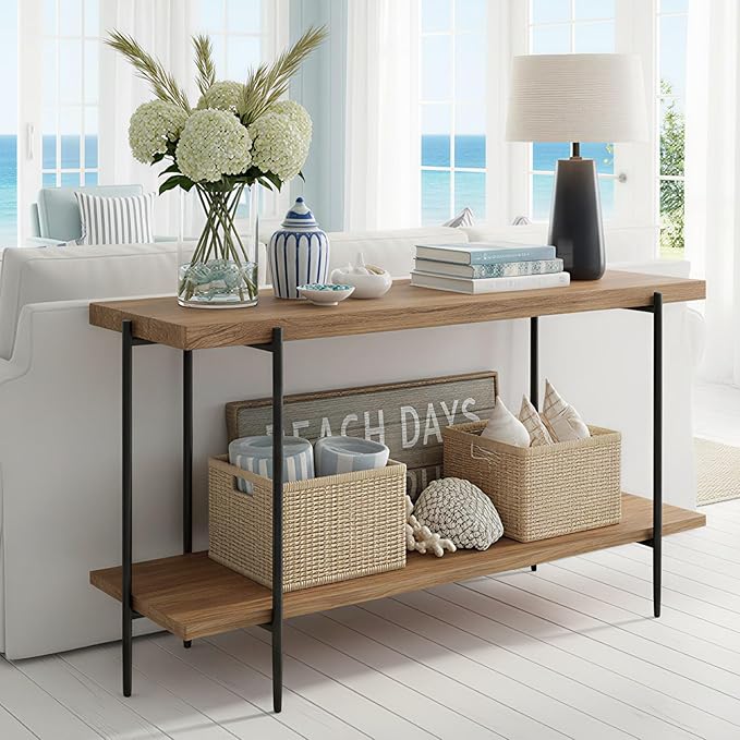 31.5” Console Table Narrow for Entryway with 2 Tier Storage Shelves, Solid Wood Industrial Entrance Sofa Table Behind Couch for Hallway, Foyer, Living Room(35.4"x11.8"x31.5")