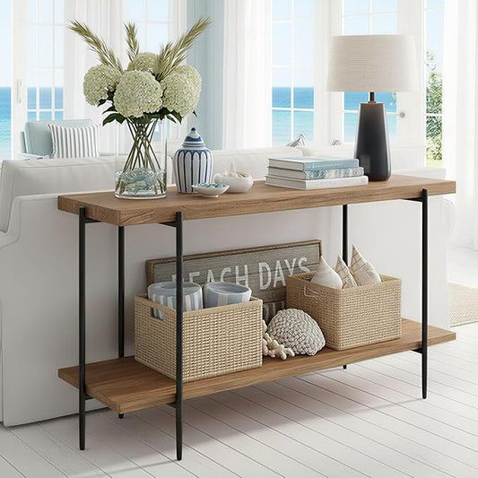 31.5” Console Table Narrow for Entryway with 2 Tier Storage Shelves, Solid Wood Industrial Entrance Sofa Table Behind Couch for Hallway, Foyer, Living Room(35.4"x11.8"x31.5")