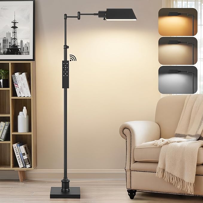 GyroVu Traditional Height Adjustable Pharmacy Floor Lamp with 350° Swing Arm, Color Temperature Adjustable Standing Lamp Metal Shade for Living Room Reading House Bedroom Home Office(Black)