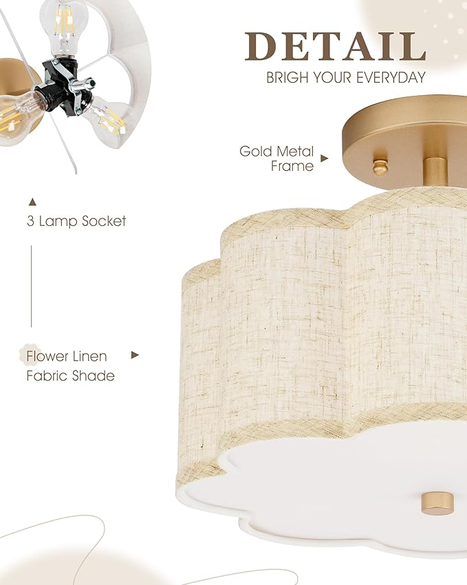 Gold Semi Flush Mount Ceiling Lights, 3-Light 12.5" Light Fixtures Ceiling Mount with Linen Fabric Drum Shade in Flower Shape for Nursery Hallway Bedroom Kitchen, AD-22007-3SF-GD-B