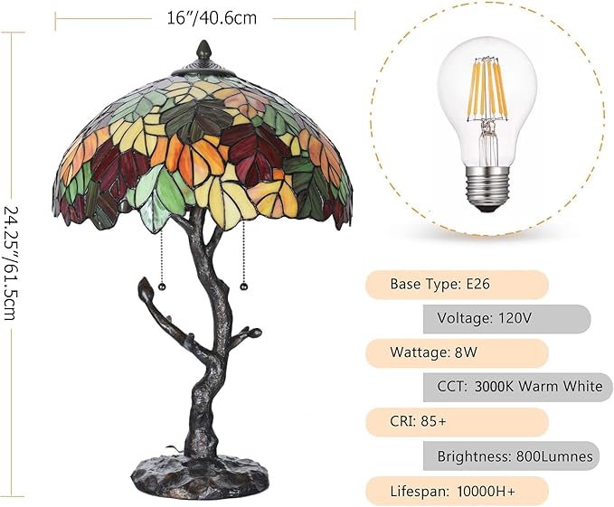 TL0032 Maple Leaves Tiffany Table Lamp Bedside Stained Glass Shade Reading Desk Light 16 X 24.25 Inches for Bedroom Living Room Home Office, LED Blubs Included (TL0032 Maple Leaves)