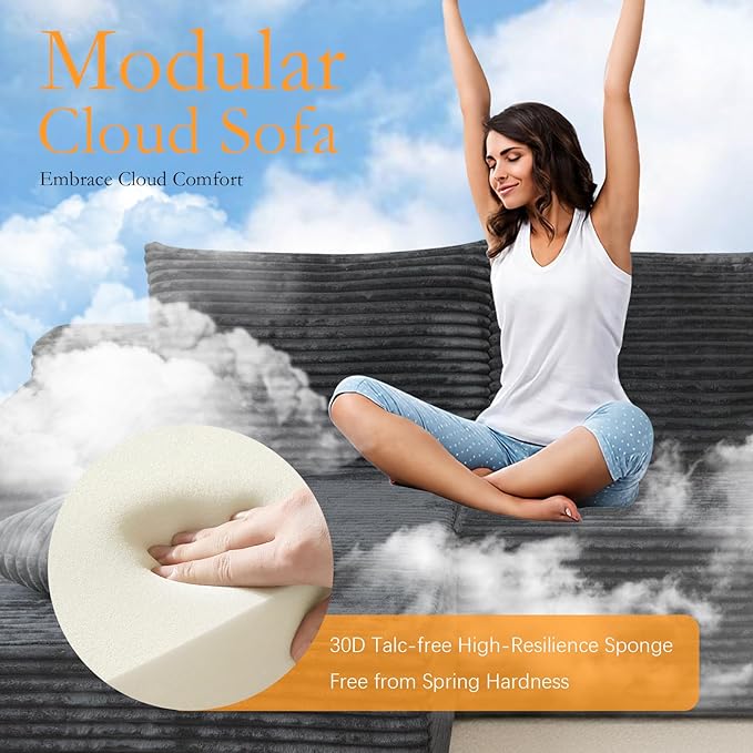 106'' Boneless Couches for Living Room, L Shaped Modular Sectional Sofa with Chaise Lounge, Faux Rabbit Fur & Layered Cushion Deep Seat Cloud Couch, No Assembly (Dark Grey, Left Facing Chaise)