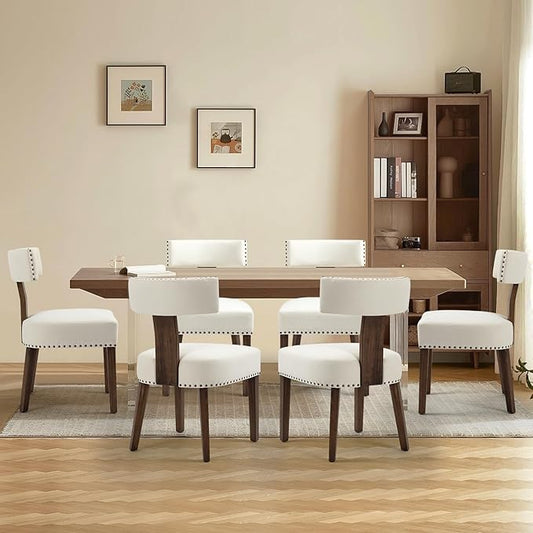 Upholstered Wooden Farmhouse Dining Chairs Set of 6, Mid-Century Modern Fabric Dining Room Chairs with Wood Legs, Curved Backrest Kitchen Chair Armless for Kitchen/Restaurant/Cafe, Beige
