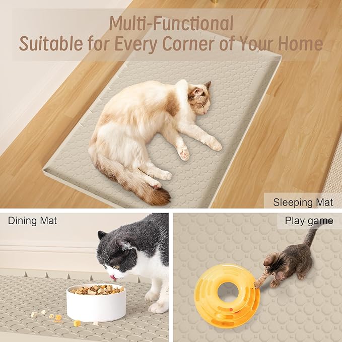 Large Cat Litter Mat 34"x22", Cat Litter Trapping Mat For Litter Box, Silicone Pet Feeding Mat With Raised Edges Waterproof, Beige