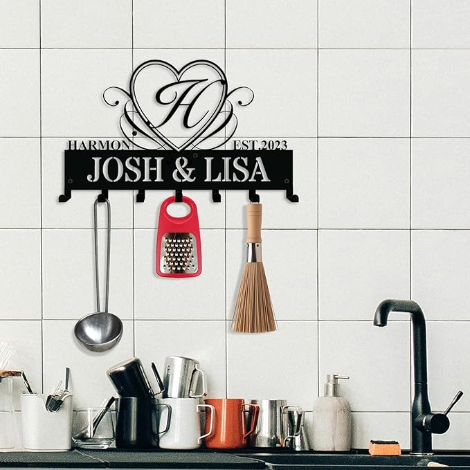 Personalized Monogram Key Holder, 7-Hook Metal Wall Key Rack with Name Sign - Entryway Organizer, Rustic Housewarming Gift