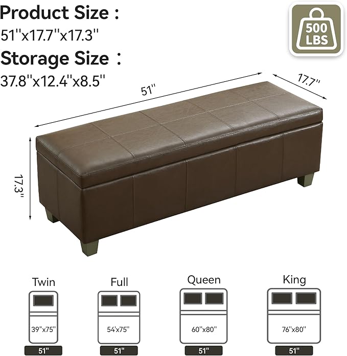 51" Faux Leather Storage Ottoman, Stitch Tufted Rectangle Upholstered End of Bed Storage Bench, Entryway Large Couch Ottoman with Wooden Legs, Coffee