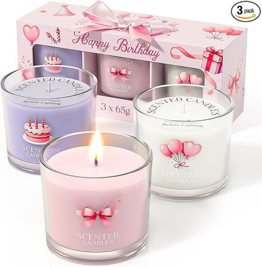Birthday Candles, Scented Candles Gift Set for Stress Relief, 3 Votive Candles for Women and Men, Birthday Candle Gifts for Women (Pink + Purple + White, 7 oz)