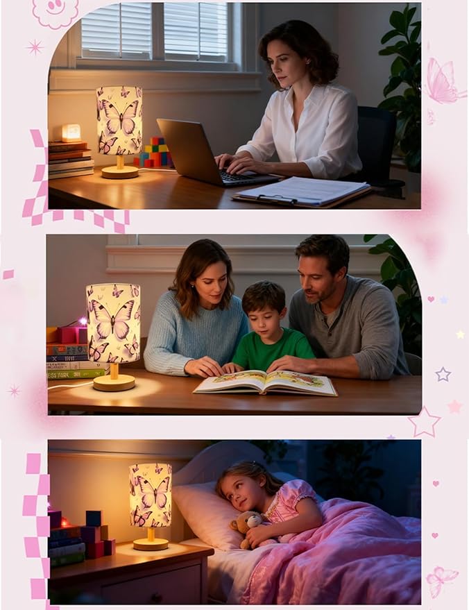 Butterfly Lamp, Butterfly Lamps for Girls Bedroom,3 Color Night Light Wood Nightstand Desk Base Flaxen Fabric Shade for Bedroom Living Room, Butterflys Lovers Gifts, LED Bulb Included（purple lamp）