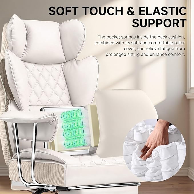 COMHOMA Big and Tall Office Chair, High Back Leather Gaming Chair with Footrest, Executive Ergonomic Office Chairs with Pocket Spring Lumbar Support and with Outward Fixed Soft Armrests