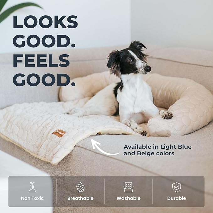 Pelsbarn Cooling Dog Bed - Ice Silk Summer Comfort, Self Cooling, Non-Slip Dog Cover, Durable & Washable, Bed for Medium to Large Dogs 34" x 34", Support Shelter Dogs with Every Purchase (Beige)