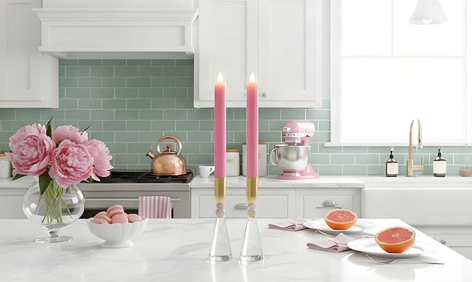 Flameless Taper Candles Flickering with Remote and Timer, 3D Moving Flame Taper Candle Battery Operated to 400 Hours, 9 Inch Window Candles, (Pink-Vertical Stripes)