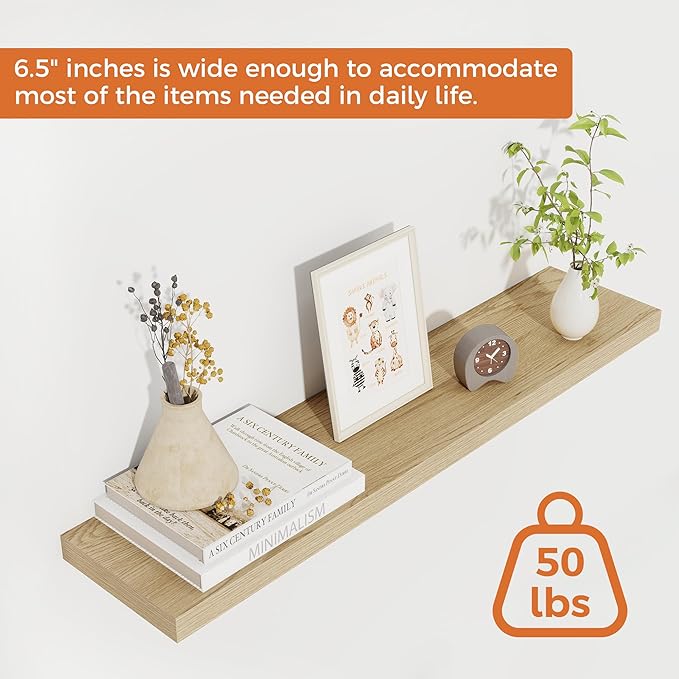 Fun Memories Floating Shelves for Wall, 30" Rustic Wood Deep Wall Mounted Shelves with Invisible Brackets for Decor & Storage, Floating Shelf for Living Room, Bathroom (Oak, Set of 2)