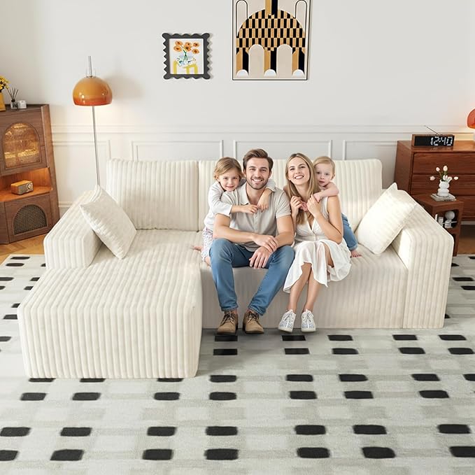 94" Cloud Sectional Couch with L-Shape Chaise,4 Seat Modern Modular Sofa with Side Pockets,Upholstered Couches for Living Room Bedroom, Boneless Couch,No Assembly Required