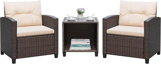 Greesum 3 Pieces Patio Furniture Sets Outdoor PE Rattan Wicker Chairs with Soft Cushion and Glass Coffee Table for Garden Backyard Porch Poolside, Beige