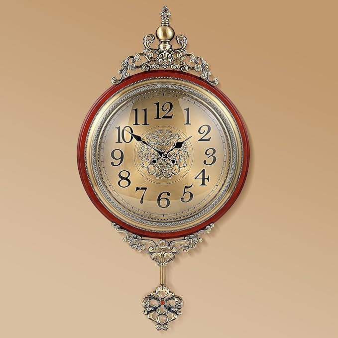 Vintage Wall Clock with Pendulum, 15 Inch Dial Diameter, 28.74 Inch Overall Height, Large Retro Metal and Glass Silent Clock for Living Room, Antique Wood Pendulum for Dining Room Office Home Decor