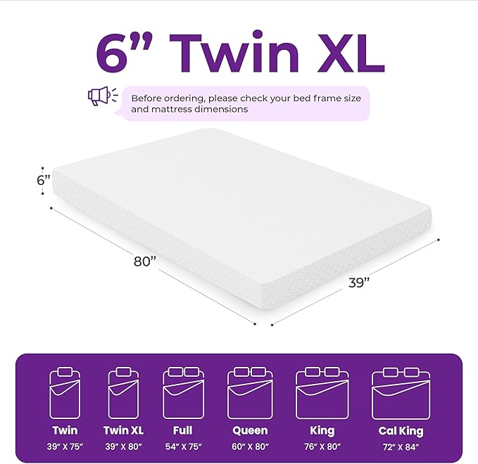 GAESTE 6 Inch Twin XL Cooling Memory Mattress Medium Firm CertiPUR-US Certified Foam, Pressure Relief & Cool Sleep Mattress-in-a-Box Comfort & Supportive Fiberglass Free (Twin XL, 6 in)
