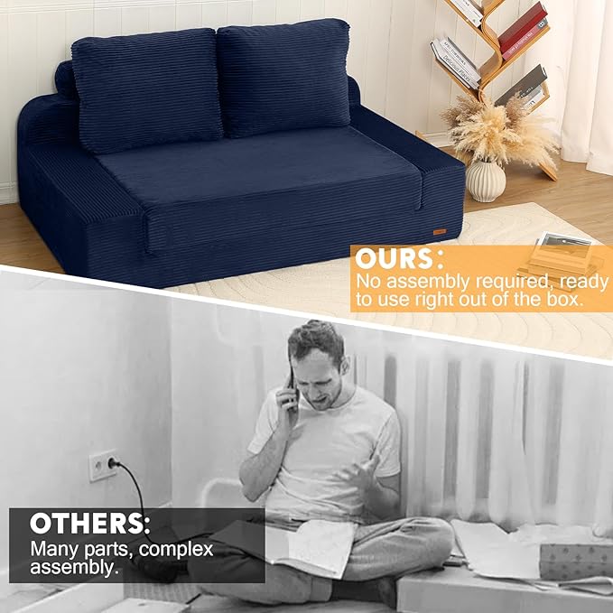 COMAX Convertible Sofa Bed Queen, Folding Floor Couch Corduroy Fold Out Couch Bed Sleeper Mattress with Back Pillows, Boneless Pull Out Loveseat Comfy Futon Lounge for Living Room Bedroom, Navy Blue