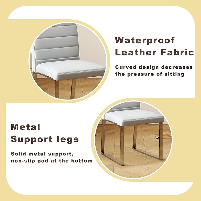 Modern Dining Chairs Set of 4, White Faux Leather Kitchen Chairs, Upholstered Armless Dining Room Chair with Gold Mental Legs Heavy Duty, Comfortable (Grey Chiars, Set of 4)