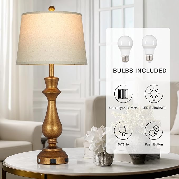 Retro Gold Table Lamps Set of 2 for Living Room,30" Tall Bedside Lamp with USB Charging Port,3-Way Dimmable Touch Nightstand Lamp for Bedroom Desk Side Table Office,Copper Gold