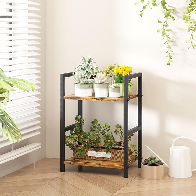 Small Bookshelf for Small Space, 2 Tier Industrial Bookcase,Narrow Book Case Storage Organizer Book Shelf for Living Room, Bedroom and Office, Easy Assembly(2 Tier,Rustic Brown)