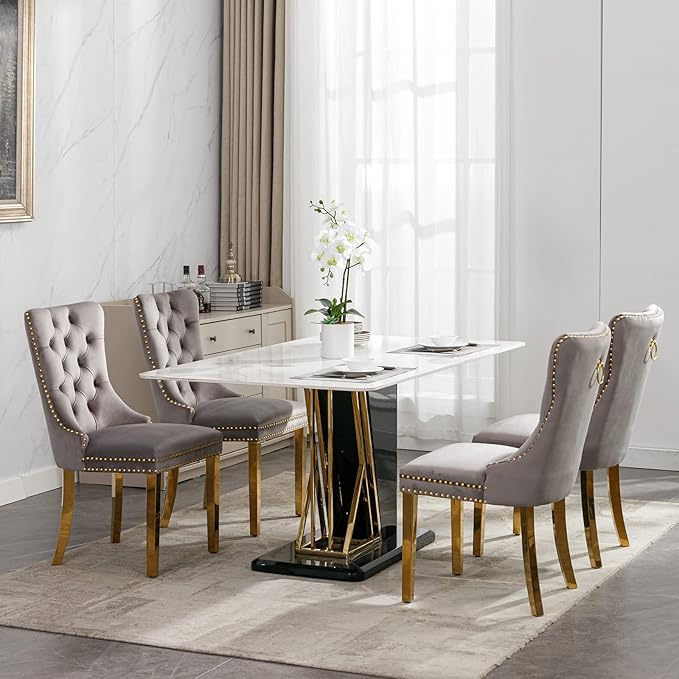Luxury Upholstered Dining Chairs Set of 8, Grey Kitchen Chair with Golden Metal Legs, Velvet Tufted Back Dining Chair, Sillas de Comedor, Modern Kitchen & Dining Room Chairs (Gray, 8 Pcs)