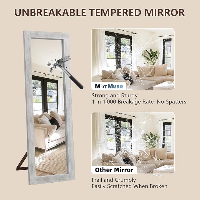 Rustic Standing Full Length Mirror Wood Frame, 56"X21" Farmhouse Floor Mirror for Bedroom Living Room Entryway, Hanging or Leaning Wall-Mounted Full Body Mirror, Tempered Glass, White