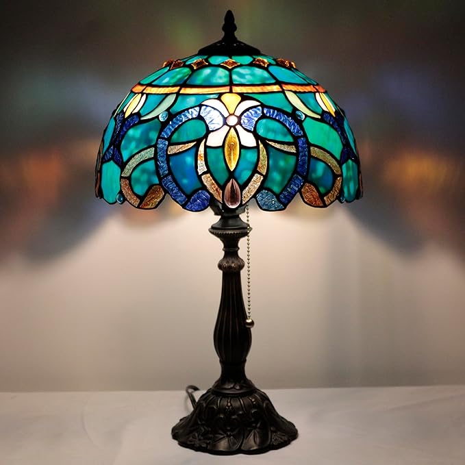 Tiffany Table Lamp Stained Glass Lamp 12X12X19 Inch Antique Reading Light (Green Brown Jewelry Baroque)