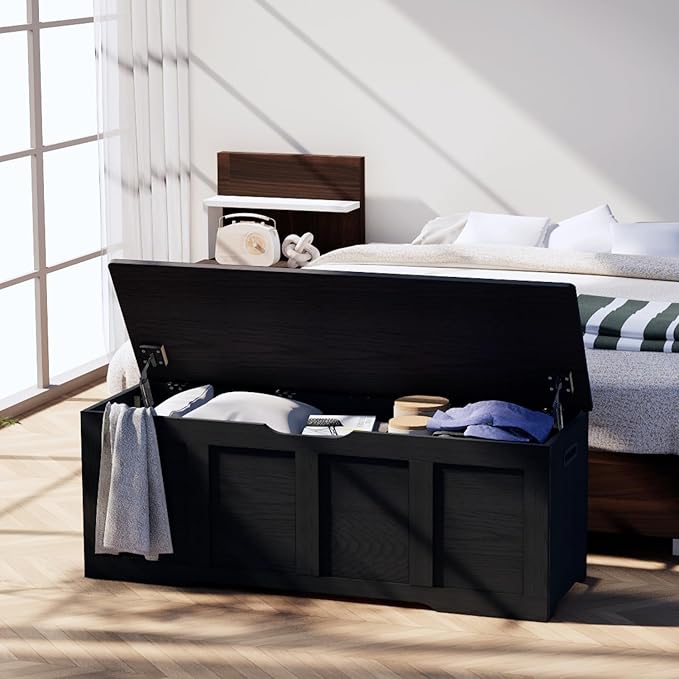 47.2" Storage Chest, Extra Large Storage Trunk with 2 Safety Hinges, Wooden Storage Bench, Shoe Bench, Entryway Bench for Living Room, Bedroom, Black