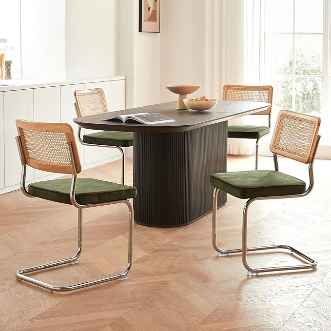 Green Rattan Dining Chairs Set of 4, Wooden Mid Century Modern Kitchen Chairs, Mesh Back Cane Dining Room Chair, Cesca Design Chairs with Metal Chrome Legs