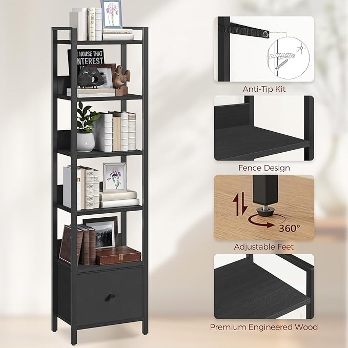 Bookshelf, 6-Tier Bookcase with Drawer, Small Book Shelf for Small Space, Storage Shelf Organizer, for Living Room, Bedroom, Study, Kitchen, Black BKHB66101
