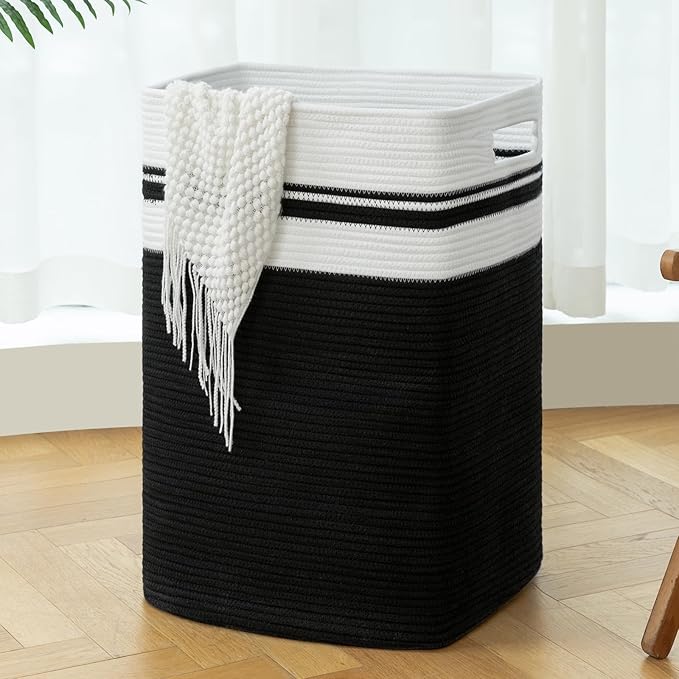 OIAHOMY 91L Laundry Hamper, XXXLarge Laundry Basket, Collapsible Cotton Rope Basket,Woven Storage Basket for Blankets,Clothes,Pillows-16x15x24-Black&white