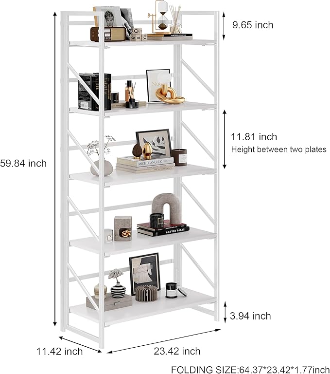JSB No Assembly Folding Bookshelf, 5 Tier Industrial Metal Book Shelf for Storage, Vintage Wood Foldable Bookcase for Living Room, Bedroom, Office Organization Shelves