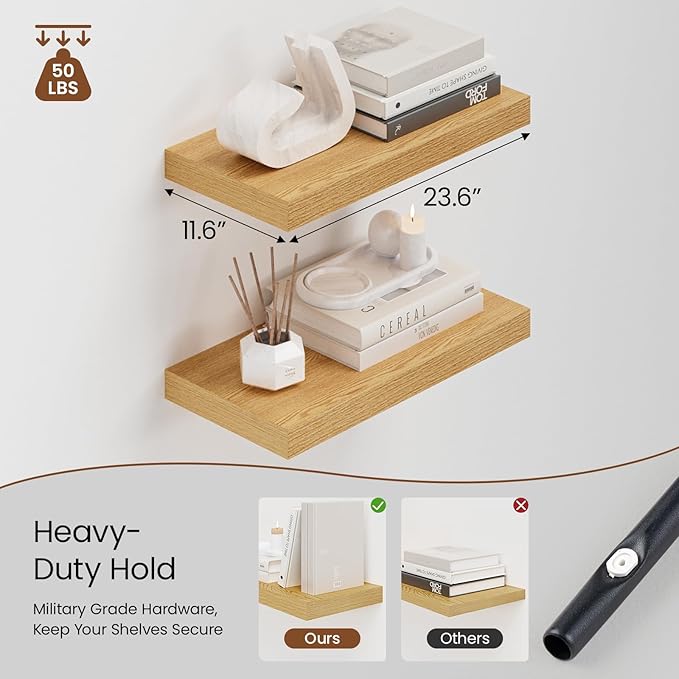 Heimlove 12" Deep Floating Shelves for Wall, 24 Inch Shelf Bathroom Shelves Set of 2, Mounted Shelves for Books Living Room Laundry Room Bedroom Kitchen Home Office, Oak
