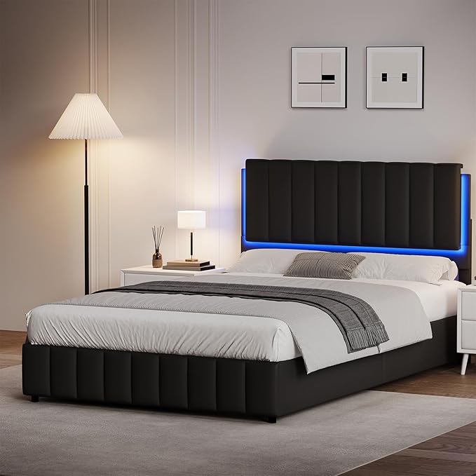 Full Size Bed Frame with LED Lights, Faux Leather Upholstered Platform Bed with Headboard and Wooden Slats Support, No Box Spring Needed, Noise-Free, Easy Assembly, Black