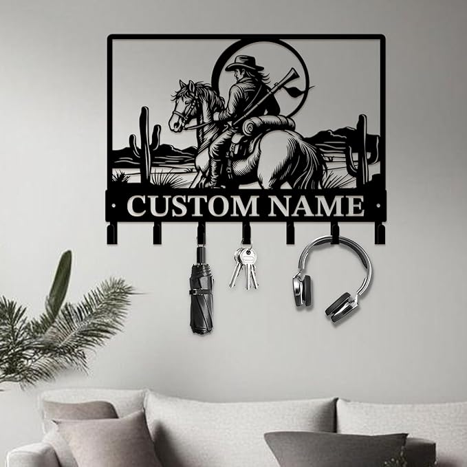 Custom Western Cowboy Metal Iron Key Hooks,Personalized Name & Text Engraving,Decor Wall Keys Holder for Home Entryway (Style H)