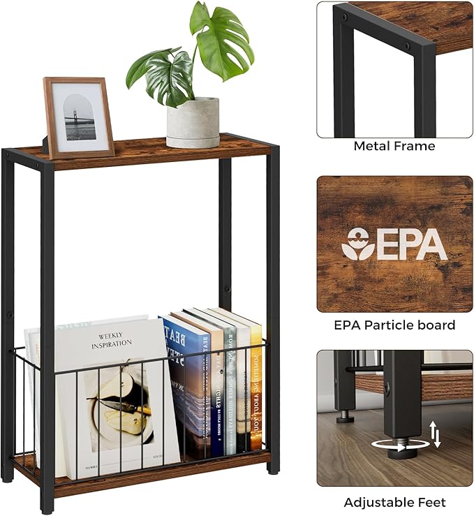 Narrow Side Tables Set of 2 with Magazine Holder, Skinny End Tables Perfect for Small Spaces, Space-Saving Design for Living Room, Bedroom, or Office, 7.1" D x 16.9" W x 23.6" H, Rustic Brown