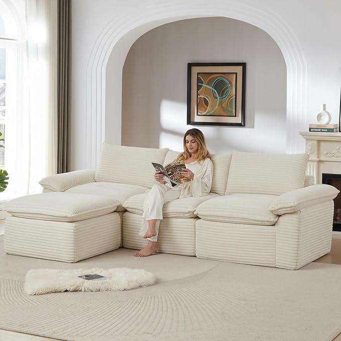 113.03" Sectional Couches for Living Room Modern Modular Sofa with L-Shape Couchs Upholstered Corduroy Boneless Couch Deep Seat Cloud Couch with Ottoman, No Assembly Required, White