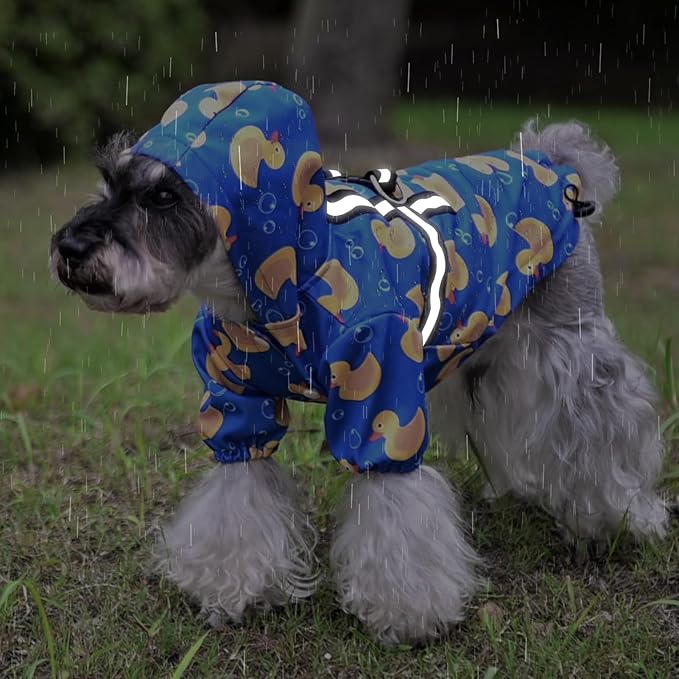 PUPTECK Dog Raincoat with Hood & Harness Built-in, Waterproof Dog Rain Jacket Slicker Poncho Reflective Vest Clothes for Rainy Snowy Winter Cold Days, Blue Duck L