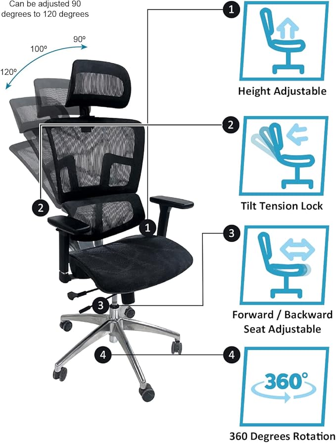 ErgoMax 53 in Tall Black Ergonomic Adjustable Office Chair w/Aluminum Back and Base, Ergonomic Chair with Headrest and Lumbar Support