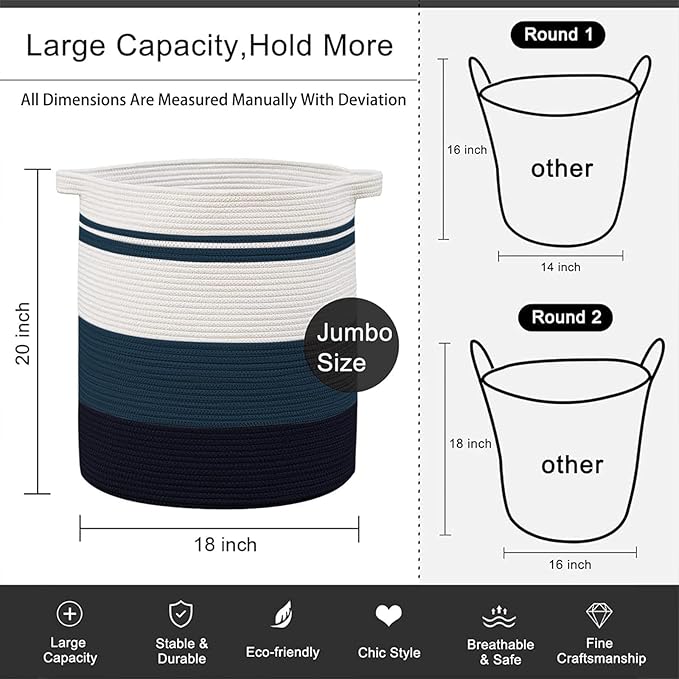 OIAHOMY 80L Laundry Baskets Hamper with Handles,Decorative Basket for Living room,Woven Storage Basket for Toys Bin,Pillows, Blankets,Clothes-20x18in-Gradient Blue