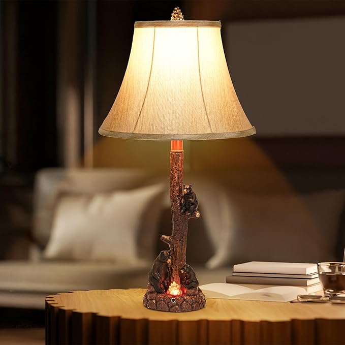 Classic Rustic Table Lamp with Three Black Bears Around Fire Pit - 25.59 Height, 3-Level Dimmable Campfire Light, USB/Type-C Powered, E26 Socket for Bedroom Living Room Decor