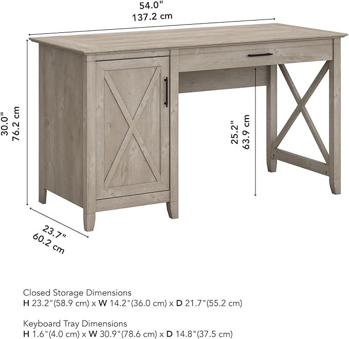 Bush Furniture Key West Computer Desk with Storage | Farmhouse PC Table for Home Office in Washed Gray | 54W x 24D