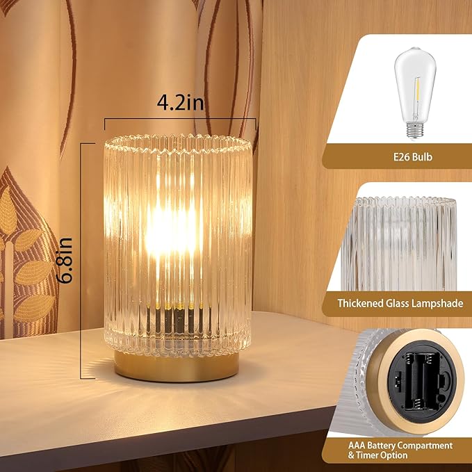 Battery Operated Lamp, Cordless Table Lamp with Timer, Desk Bedside Lamps with LED Warm Light, Glass Small Table Lamp for Bedroom, Bathroom, Living Room, Home Decor - Transparent